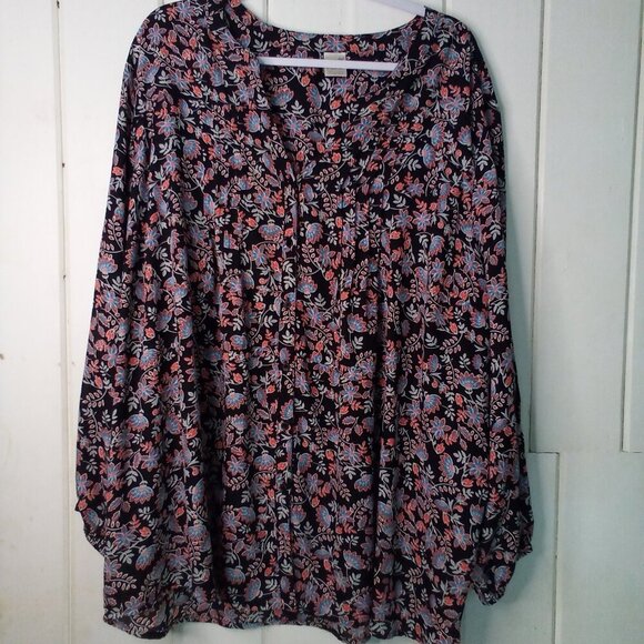 Terra & Sky Blouse Women 3X Button Up 3/4 Sleeve Floral Black Blue Red - Picture 1 of 15